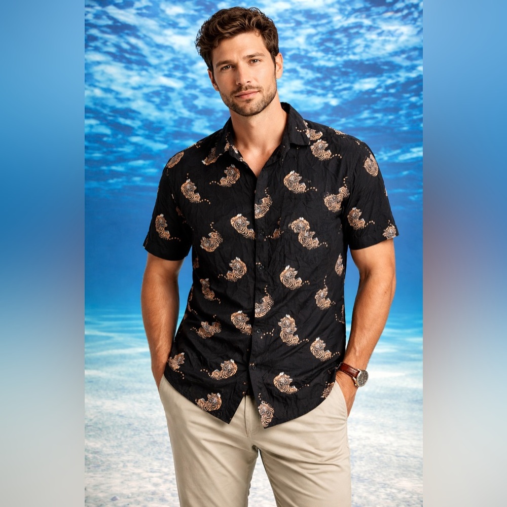The Foundry Supply Co Black Tiger Print Short Sleeve Button Down Shirt XLT Rayon